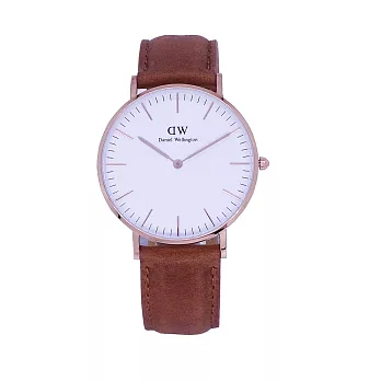 DW Daniel Wellington 經典中的獨特時尚優質麝香型咖啡皮革腕錶-白+玫瑰金/36mm-DW00100111