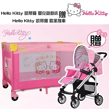 Hello Kitty 凱蒂貓 嬰兒遊戲床贈Hello Kitty 凱蒂貓 歐風推車