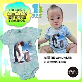 【摩達客】(預購)美國進口The Mountain 帝王企鵝傳承 精梳純棉嬰幼兒短袖包屁衣 (國際環保認證天然染料安心穿)6M天空藍