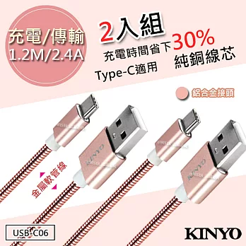 【KINYO】1.2M/2.4A Type-C極速充電傳輸線(USB-C06)純銅蕊【2入組】