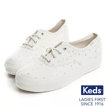 【Keds】TRIPLE 燙金圖騰厚底綁帶休閒鞋US5.5奶油白