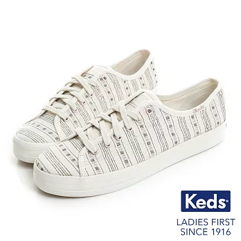 【Keds】KICKSTART 復古風條紋綁帶帆布鞋US5奶油白