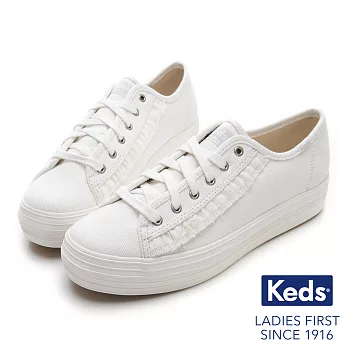 【Keds】TRIPLE KICK 抽鬚荷葉邊綁帶厚底休閒鞋US7.5白色