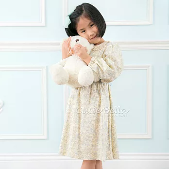 Cutie Bella簍空蕾絲領 長袖縮口 綁帶印花洋裝-黃底白花100黃底白花