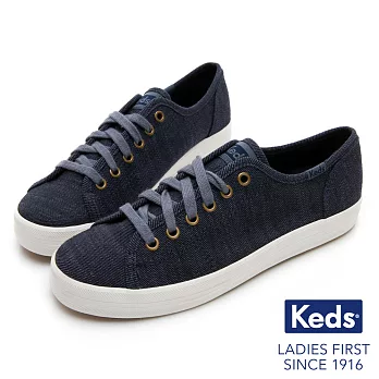 【Keds】KICKSTART 質感斜紋綁帶休閒鞋US6.5藍色