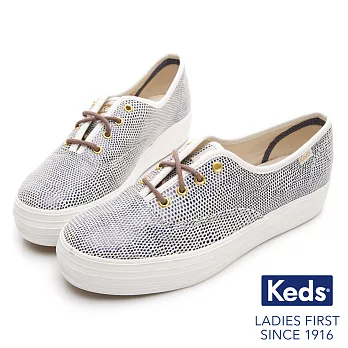 【Keds】TRIPLE 普普圓點皮革綁帶厚底休閒鞋US6.5藍色