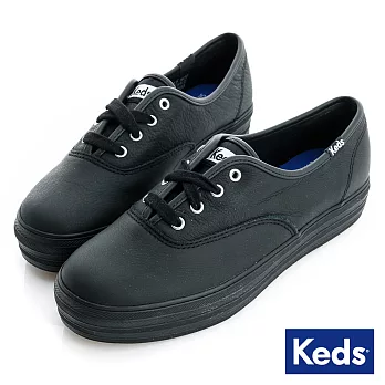 【Keds】品牌經典厚底皮質綁帶休閒鞋US7.5全黑