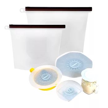 EG Home 宜居家 矽膠食物密封保鮮袋/蓋_6件組(保鮮袋-1000mlx1+1500mlx1+保鮮蓋-4款尺寸各x1)保鮮袋-透明