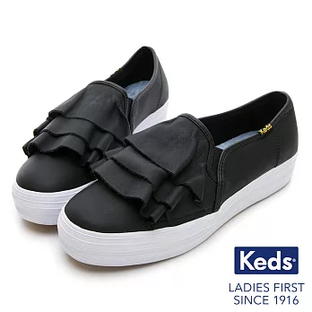 【Keds】TRIPLE RUFFLE 皮革荷葉休閒鞋US5.5黑色