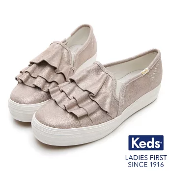 【Keds】TRIPLE RUFFLE 麂皮荷葉休閒便鞋US6香檳金