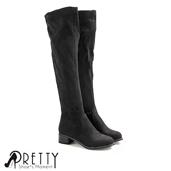 【Pretty】顯瘦彈性絨布刷毛低跟及膝靴EU36黑色