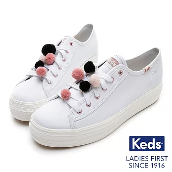 【Keds】TRIPLE KICK 毛球裝飾厚底綁帶休閒鞋(白)US7.5白