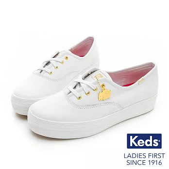 【Keds】TRIPLE 豬年限定厚底皮革綁帶休閒鞋US5.5白色