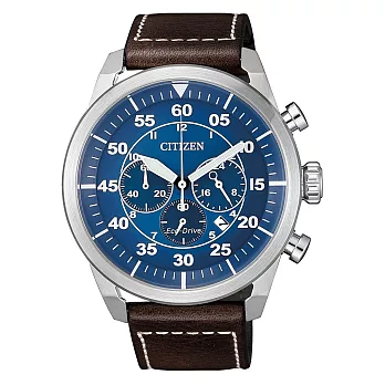 CITIZEN 光動能時尚計時三眼腕錶-咖啡X藍-CA4210-41L