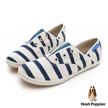 Hush Puppies 清爽條紋咖啡紗懶人帆布鞋US7.5藍色