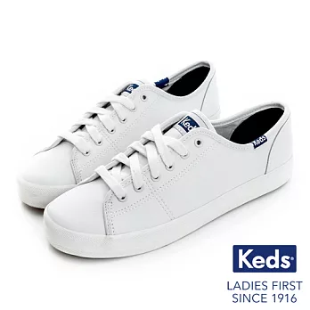 【Keds】時尚運動基本綁帶皮質休閒鞋US8白