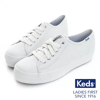 【Keds】個性時尚厚底綁帶皮質休閒鞋US7白
