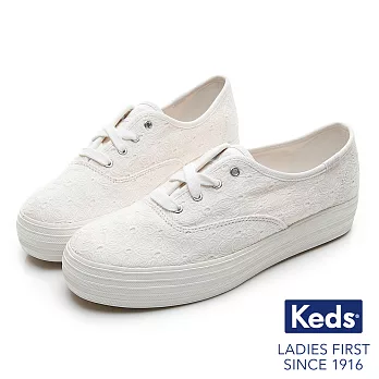 【Keds】TRIPLE 緹花厚底綁帶帆布鞋US6.5白