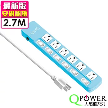 QPower太順電業 太超值系列 TS-366B 3孔6切6座延長線-2.7米碧藍色