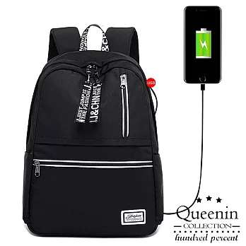 DF Queenin日韓 - 休閒街頭風USB多功能防潑水尼龍後背包-共3色黑色