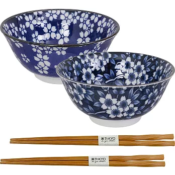 《Tokyo Design》瓷製餐碗+竹筷4件(櫻花) | 飯碗 湯碗