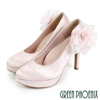 【GREEN PHOENIX】女 高跟鞋 婚鞋 宴會鞋 蕾絲 花 可拆式 全真皮 防水台 台灣製 JP24 粉紅色