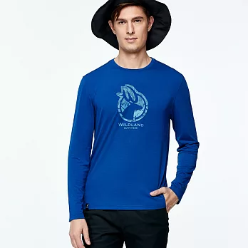 【荒野wildland】男彈性LOGO印花抗UV長袖上衣中藍色 2XL 中藍色