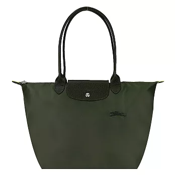 LONGCHAMP LE PLIAGE GREEN系列刺繡長把再生尼龍摺疊水餃包(大) 森林綠