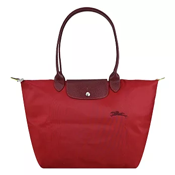 LONGCHAMP LE PLIAGE GREEN系列刺繡長把再生尼龍摺疊水餃包(大) 夕陽紅