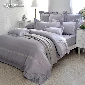 法國CASA BELLE《皇室伊特》雙人天絲刺繡防蹣抗菌吸濕排汗兩用被床包組-(共兩色)-灰色