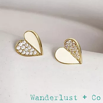 Wanderlust+Co 澳洲品牌 鑲鑽愛心耳環 金色X白色 Unfold Heart Ivory