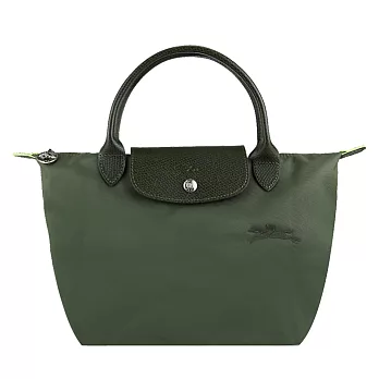 LONGCHAMP LE PLIAGE GREEN系列刺繡短把再生尼龍摺疊水餃包(小) 森林綠