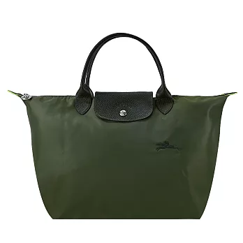 LONGCHAMP LE PLIAGE GREEN系列刺繡短把再生尼龍摺疊水餃包(中) 森林綠