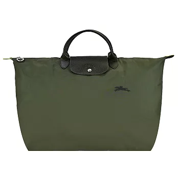 LONGCHAMP LE PLIAGE GREEN系列刺繡短把再生尼龍摺疊旅行袋(大) 森林綠