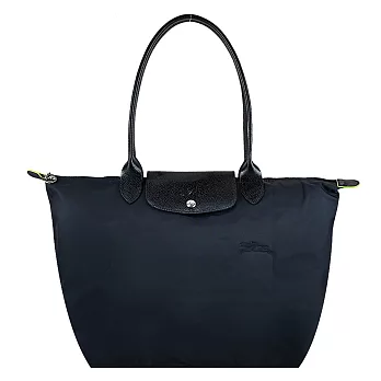 LONGCHAMP LE PLIAGE GREEN系列刺繡長把再生尼龍摺疊水餃包(大) 黑