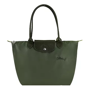 LONGCHAMP LE PLIAGE GREEN系列刺繡長把再生尼龍摺疊水餃包(中)  森林綠