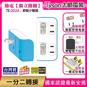 Tyson太順電業 TS-022A 2切2座 2P便利型 節能小壁插 碧藍