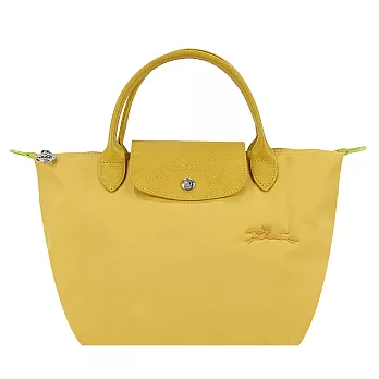 LONGCHAMP LE PLIAGE GREEN系列刺繡短把再生尼龍摺疊水餃包(小) 粉黃