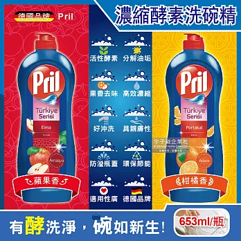 (2瓶任選超值組)德國Henkel Pril-高效能活性酵素分解重油環保親膚濃縮洗碗精653ml/藍瓶(廚房餐具,碗盤,料理鍋具清潔劑) 柑橘香*1瓶+蘋果香*1瓶