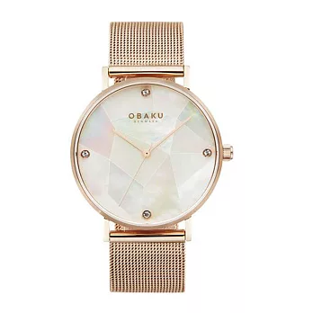 OBAKU 菱形幾何晶鑽米蘭時尚腕錶-玫瑰金X白貝