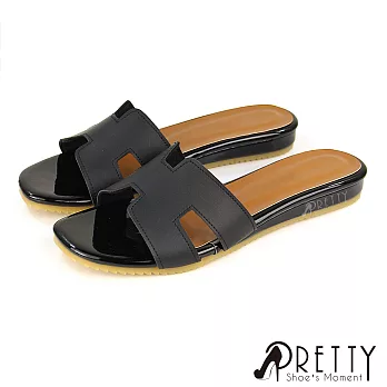 【Pretty】女 拖鞋 方頭 H型剪裁 平底 台灣製 JP22.5 黑色