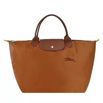 LONGCHAMP LE PLIAGE GREEN系列刺繡短把再生尼龍摺疊水餃包(中) 白蘭地酒