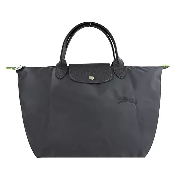 LONGCHAMP LE PLIAGE GREEN系列刺繡短把再生尼龍摺疊水餃包(中)  石墨灰