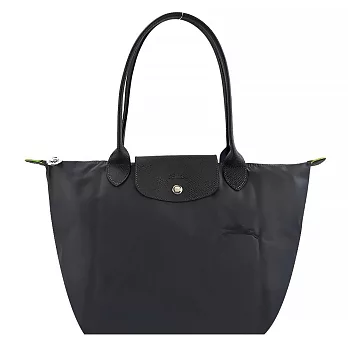 LONGCHAMP LE PLIAGE GREEN系列刺繡長把再生尼龍摺疊水餃包(中)  石墨灰