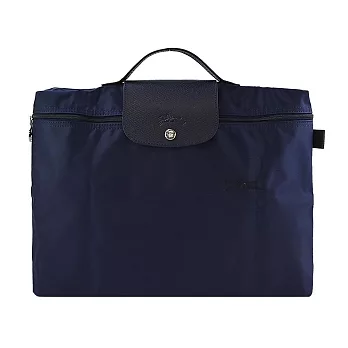 LONGCHAMP LE PLIAGE GREEN系列刺繡再生尼龍摺疊公事包(小) 海軍藍