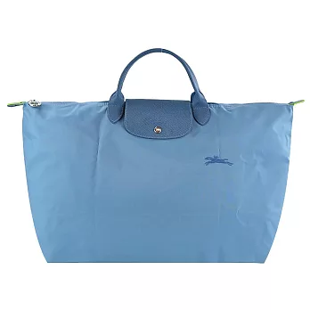 LONGCHAMP LE PLIAGE GREEN系列刺繡短把再生尼龍摺疊旅行袋(小) 雷雨藍