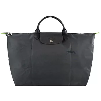 LONGCHAMP LE PLIAGE GREEN系列刺繡短把再生尼龍摺疊旅行袋(小) 石墨灰