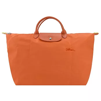 LONGCHAMP LE PLIAGE GREEN系列刺繡短把再生尼龍摺疊旅行袋(小) 胡蘿蔔橘