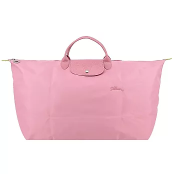 LONGCHAMP LE PLIAGE GREEN系列刺繡短把再生尼龍摺疊旅行袋(中) 花瓣粉