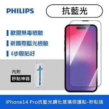 【Philips 飛利浦】iPhone 14 Pro 抗藍光鋼化玻璃保護貼-秒貼版 DLK1305/11